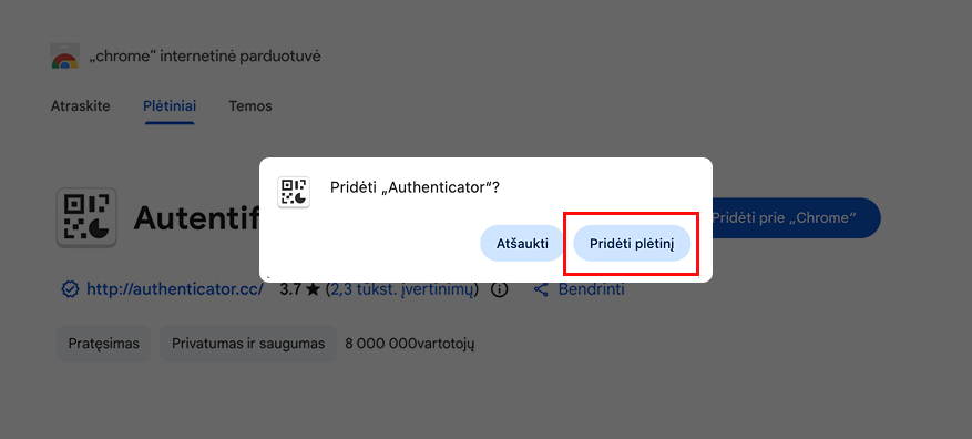 Chrome plėtinio pridėjimo patvirtinimas